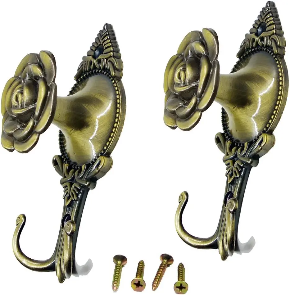 Pair Vintage Decorative Drapery Curtain Holdbacks Tieback Hooks Wall Hanging Coat Hooks Flower Design Hookbacks (2 pcs Rose)
