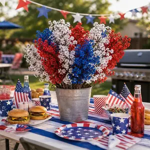 1Bundle Artificial Flowers Red White Blue Mixed Color Artificial Flower, Durable UV-Resistant Plastic Bouquet, Suitable for Party and Independence Day Garden Decorations Flower