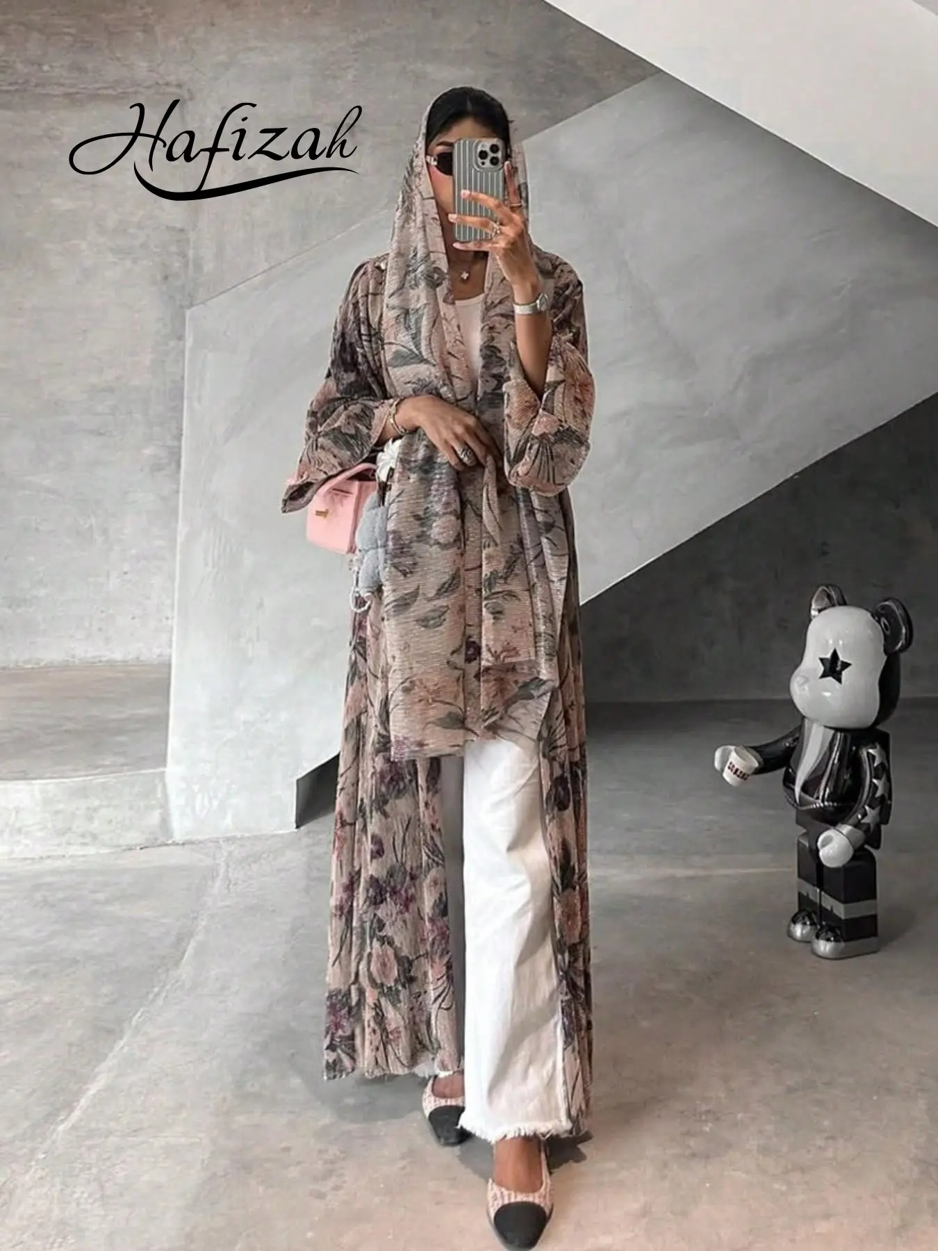 Women's Modest Middle Eastern Abaya, Long-Sleeve Pleated Open-Front Printed Loose-Fit Coat for All Seasons