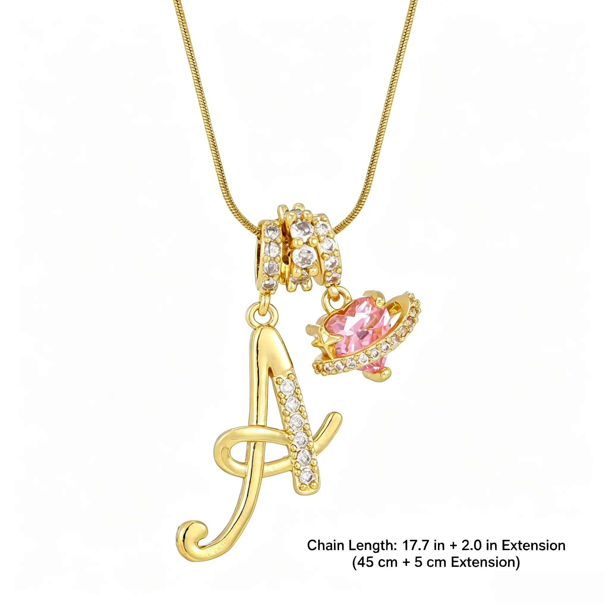 Initial Letter Gem Heart-shaped Pendant Necklace Snake Chain Fashion Jewelry Birthday Festival Gifts for Women Teen Mother Wife for Couple and friend