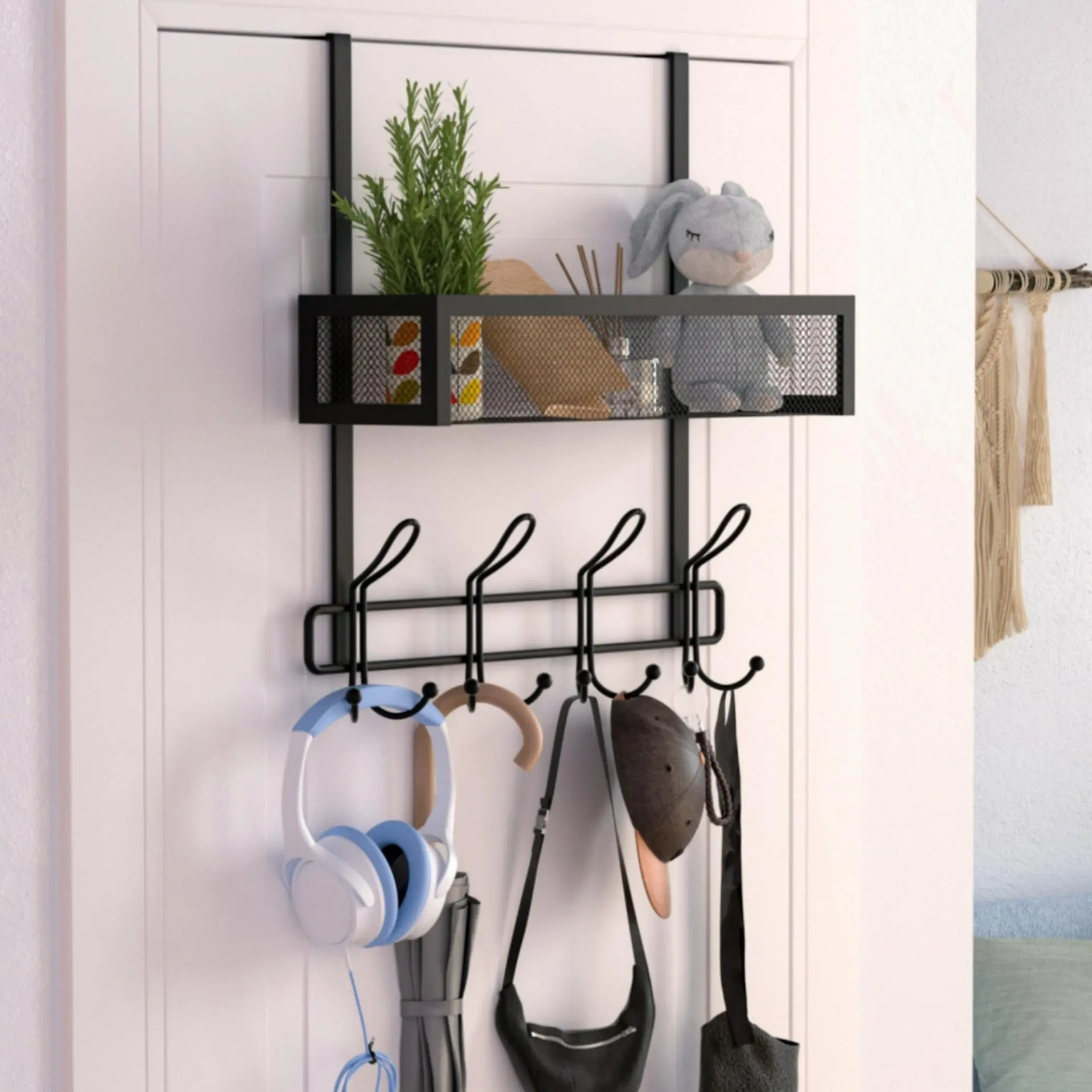 Over The Door Hooks Organizer, Multifunctional Wall Mounted Storage Rack with 12 Hooks & Mesh Basket, Hanging Shelf, Convenient Hook, Home Organizer for Bathroom, Bedroom, Kitchen, Office, Home Decor, Wall Mount Design
