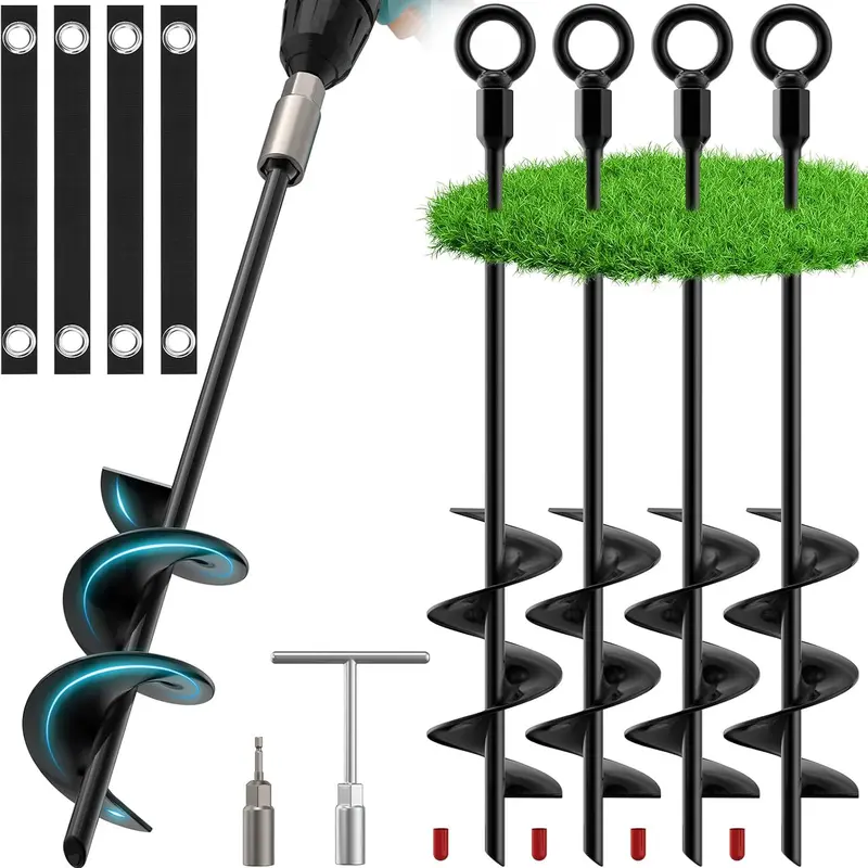 Housolution 18" Trampoline Stakes, 4 Pack Heavy Duty Ground Anchors with Safety Belts, Trampoline Accessories Resist High Wind, Ground Stakes for Camping Tents, Trampolines, Canopies, Swing Set, Shed