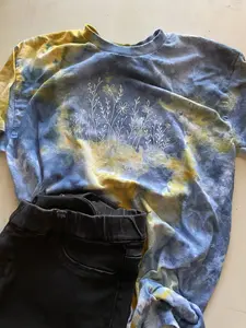 Wildflower Ice Dyed Blue and Yellow Shirt, Comfortable Everyday Tshirt,  Reverse Tie Dye Style, One of a Kind Style, Cotton Hand Dyed Shirt, Fits True to Size and Preshrunk, Unique Women's Fashion, White Flower Tee, Botanical Style, Soft Crewneck