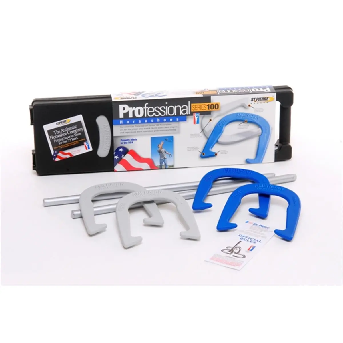 St Pierre Unisex NHPA-Approved American Professional Horseshoe Set - Exclusive Trademark Design, Solid Steel with Forged Tips, Plastic Carry Case, Proudly Made in the USA, for Leagues/Clubs & 2-4 Person Play