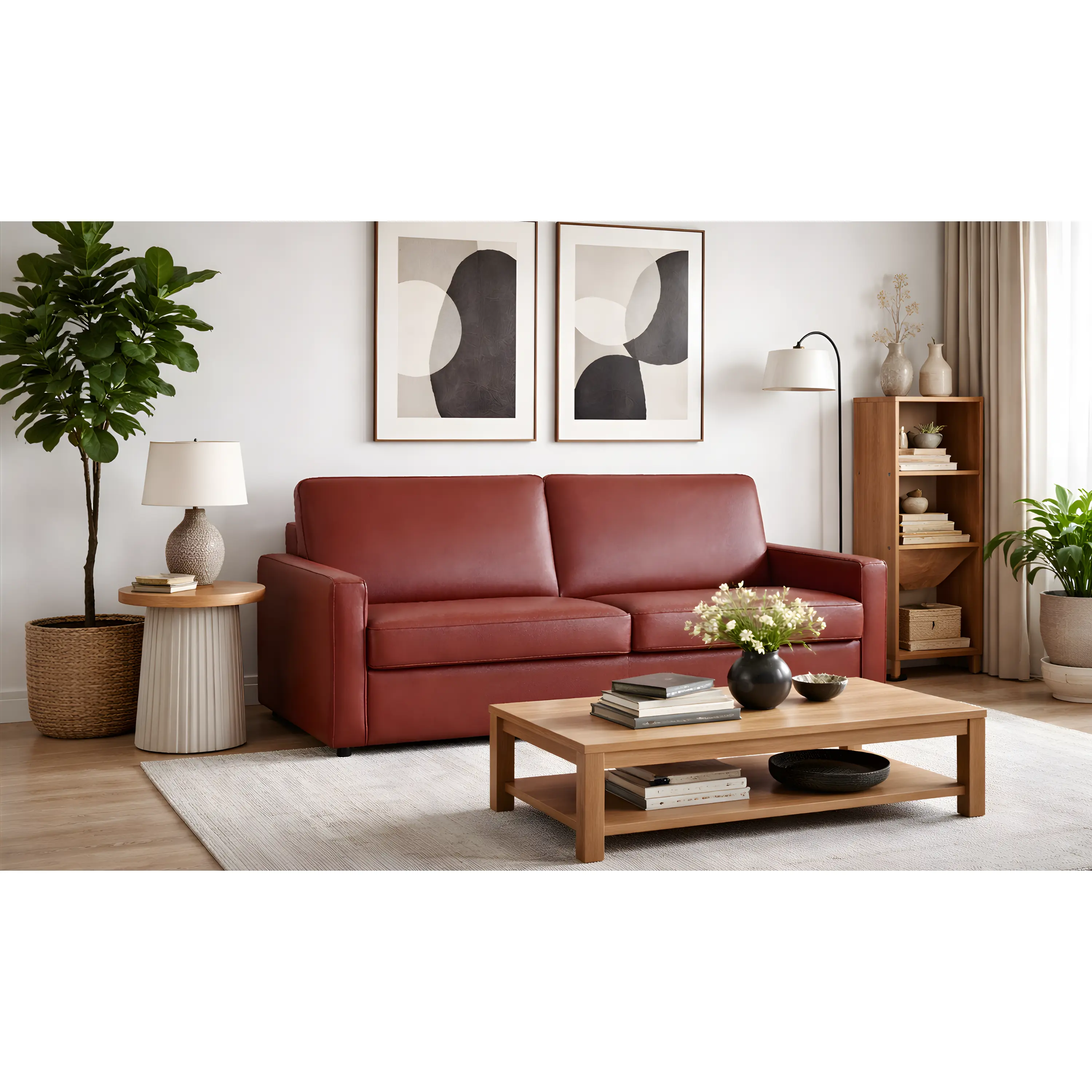 Klaussner Lenio Queen-Sized Cowhide Leather Combination Sofa - Modern Minimalist Fabric Sofa with Square Arms, Built-In Sleeping Solution, Smooth Sleep Mechanism, Assembly Required, Solid Colors