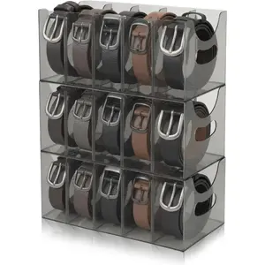 3 Pack Clear Stackable Acrylic Belt Organizer, 5 Compartments with Removable Dividers, Purse Storage Holder Display Case for Closet, Fits Ties Socks, Grey