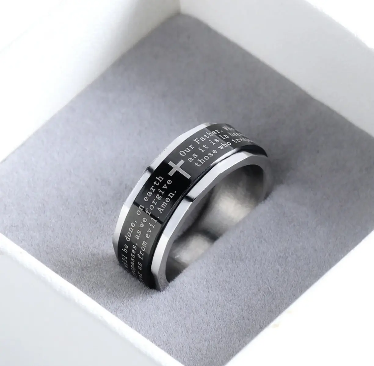 Quality 316L Stainless Steel 8mm "Our Father Prayer" Line Rotation Ring (Size 7-12)