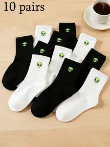 10 Pairs Unisex Alien Cartoon Mid-Calf Socks, Cute Outer Space Design, Ideal for Daily Wear, Home, Travel, Sports, All Seasons
