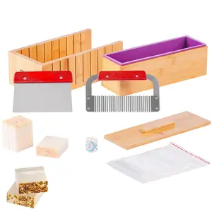 【Summervibes】VEVOR Soap Making Kit, Bamboo Cutting Box and Inner Box with Silicone Mold, Stainless Steel Straight Cutter and Wavy Cutter, 100 Bags and 105 Stickers, Soap Making Supplies DIY Kits for Adults
