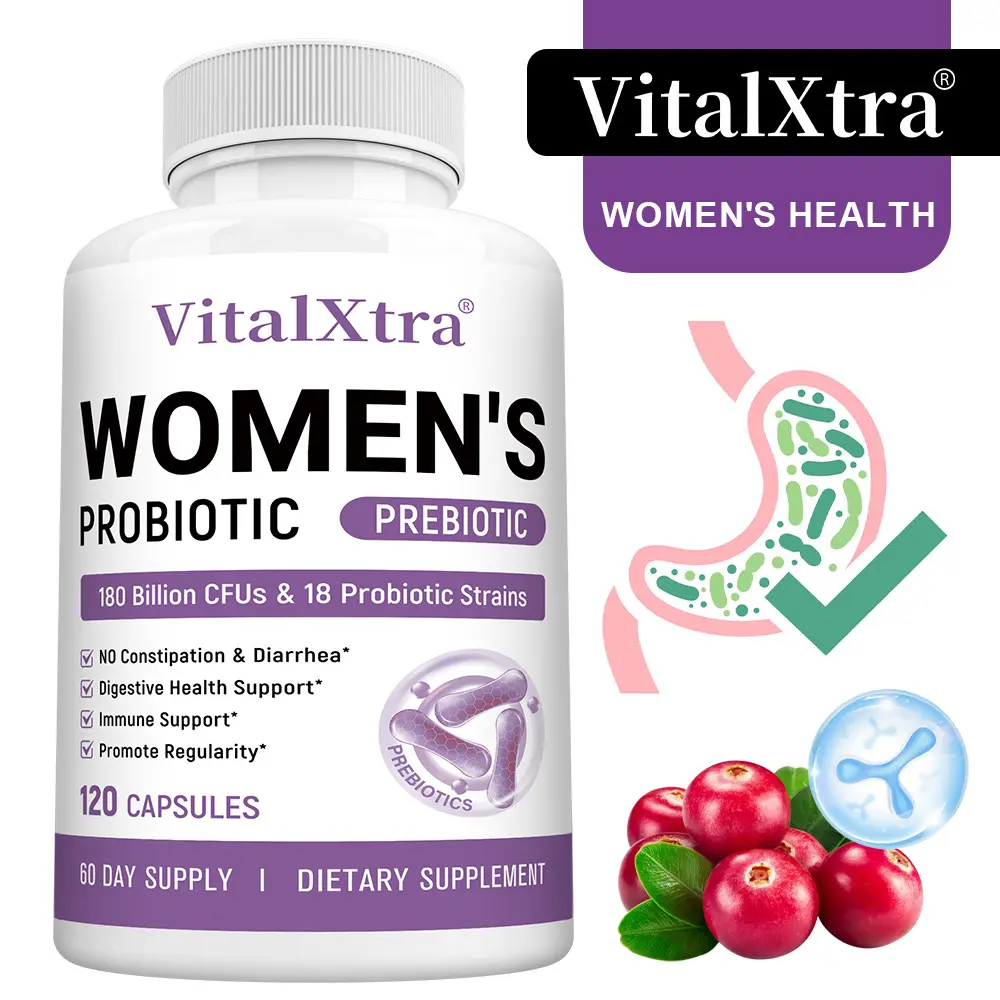 VitalXtra Women's Healthcare Dietary Probiotic - Prebiotic Supplement, 180B CFUs, 18 Strains with Organic Cranberry, 120 Capsules for Digestive, Immune & Urinary Health