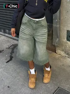 Olive Green Washed Baggy Denim Jorts, High Rise Oversized Wide Leg 3/4 Shorts, Trendy 90s Retro Hip Hop Bottoms for Street Style & Daily Wear, Casual Fit Shorts, Casual Streetwear Shorts