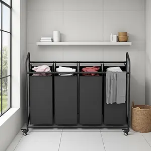 4 Bag Metal Section Laundry Cart with Heavy Duty Rolling Lockable Wheels and Removable Bags Black White Grey for Laundry Room