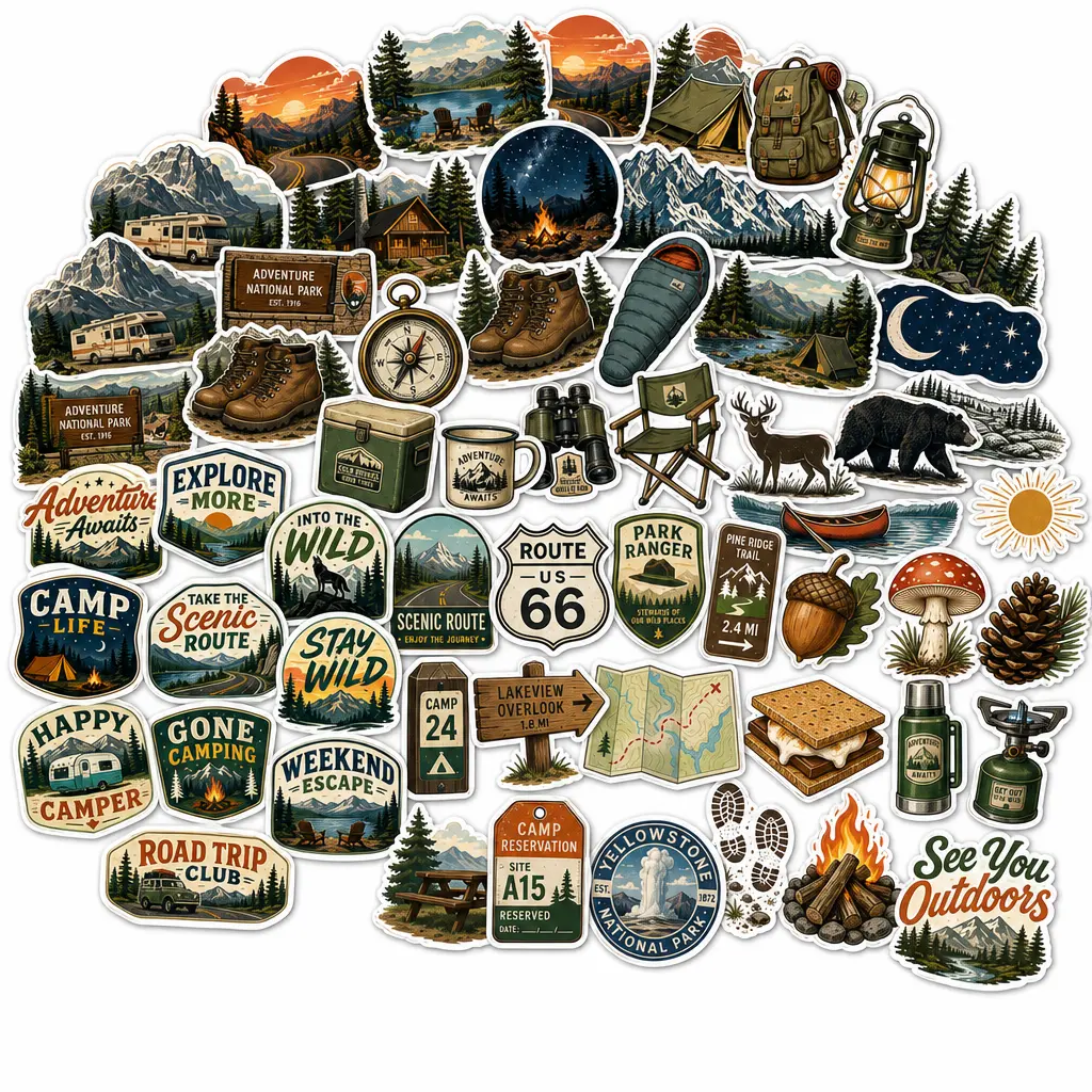 60pcs National Park Scrapbooking Stickers Pack - Vintage Americana Die-Cut Landscape Print Waterproof Vinyl Decals, Easy to Peel for Lakes Decor, Water Bottles, Ideal for Camping Lovers, Customize Water Bottles