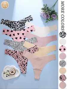 Sweet & Edgy Girls' Exclusive! 8-Piece Macaron Adhesive Thong Set: Pink-Base with Black Hearts + Pink/Black Leopard Prints + Low-Saturation Solids, Daily-Appropriate with Subtle Sexiness
