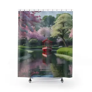 Japanese Garden Cherry Blossom Shower Curtain | Zen Pond Scenery