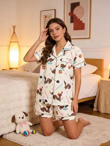 Playful Girl Cream Circus Dachshund Pajama Set for Women, Button Down Short Sleeve, Spring Summer Casual Loungewear, Dachshund Print, Loose Fit Homewear, Pyjamas, Nightwear