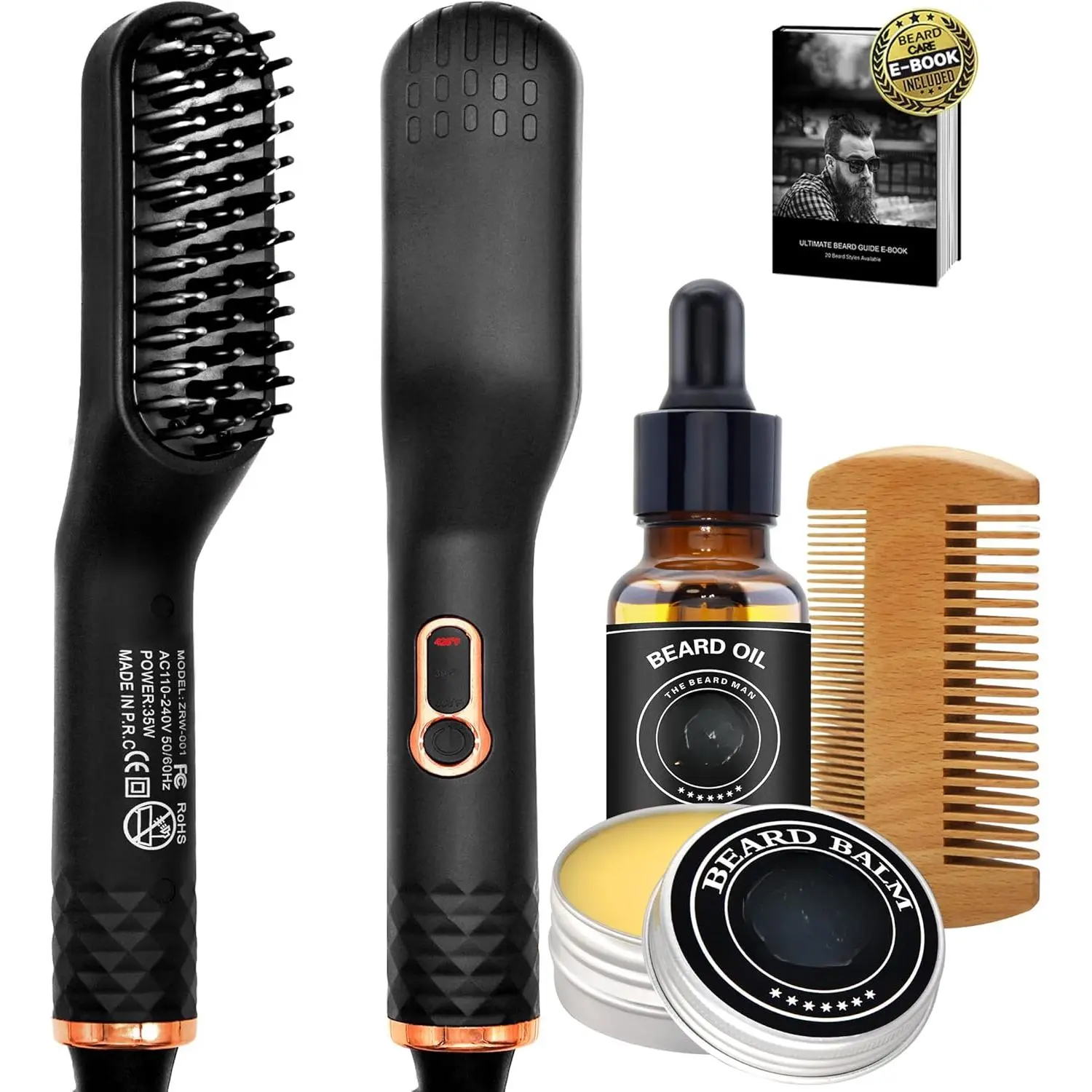 Upgraded 3 - in - 1 Hair Straightening Brush, Beard Balm, Beard Oil & Guide E - Book - A Unique Grooming Gift Set for Men, Dad, Husband or Boyfriend