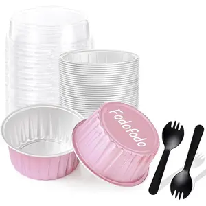 25PCS Round Mini Loaf Pans with Lids,Mini Cake Pans with Lids,Disposable Ramekins Baking Cups Muffin Tins Cupcake Cups for Birthday Party Wedding,5oz (Pink)