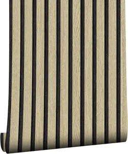 Modern Wood B-Slat Peel & Stick Wallpaper, 17.3"x118" Waterproof PVC Faux Wood Stripe Contact Paper for Stylish Living Room Wall Makeover