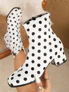 and Polka Dot Women's Ankle Boots, Casual Square Toe Side Zip Booties for Fall and Winter, Stylish Footwear for Shopping and Parties, Boots Shoes