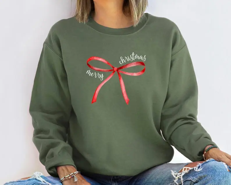 Red Bow Coquette Christmas Sweater, Merry Christmas Bow Sweatshirt, Merry Christmas Coquette Sweater for Holidays, Holiday Bow Sweater