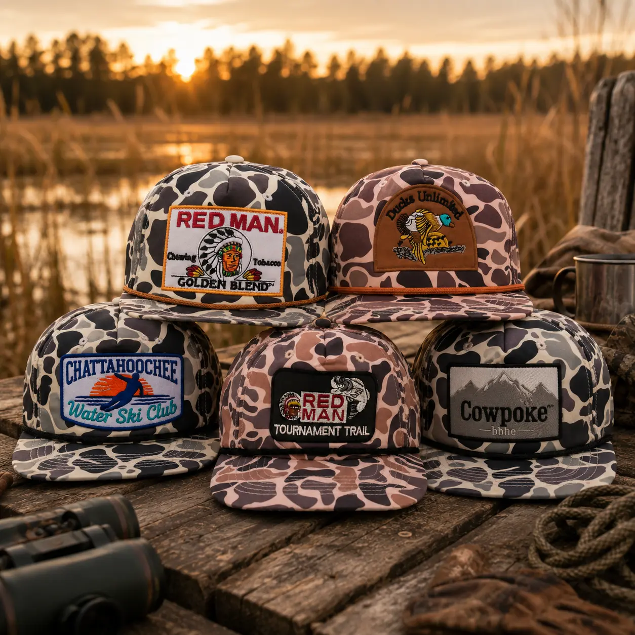 [ Combo Buy 2 For 1 Price ] Vintage Camo Rope Hat Collection Red Man Ducks Unlimited Remington Winchester Shooters Natural Light Michelob Ultra Busch Latte Cowpoke Chattahoochee Cap