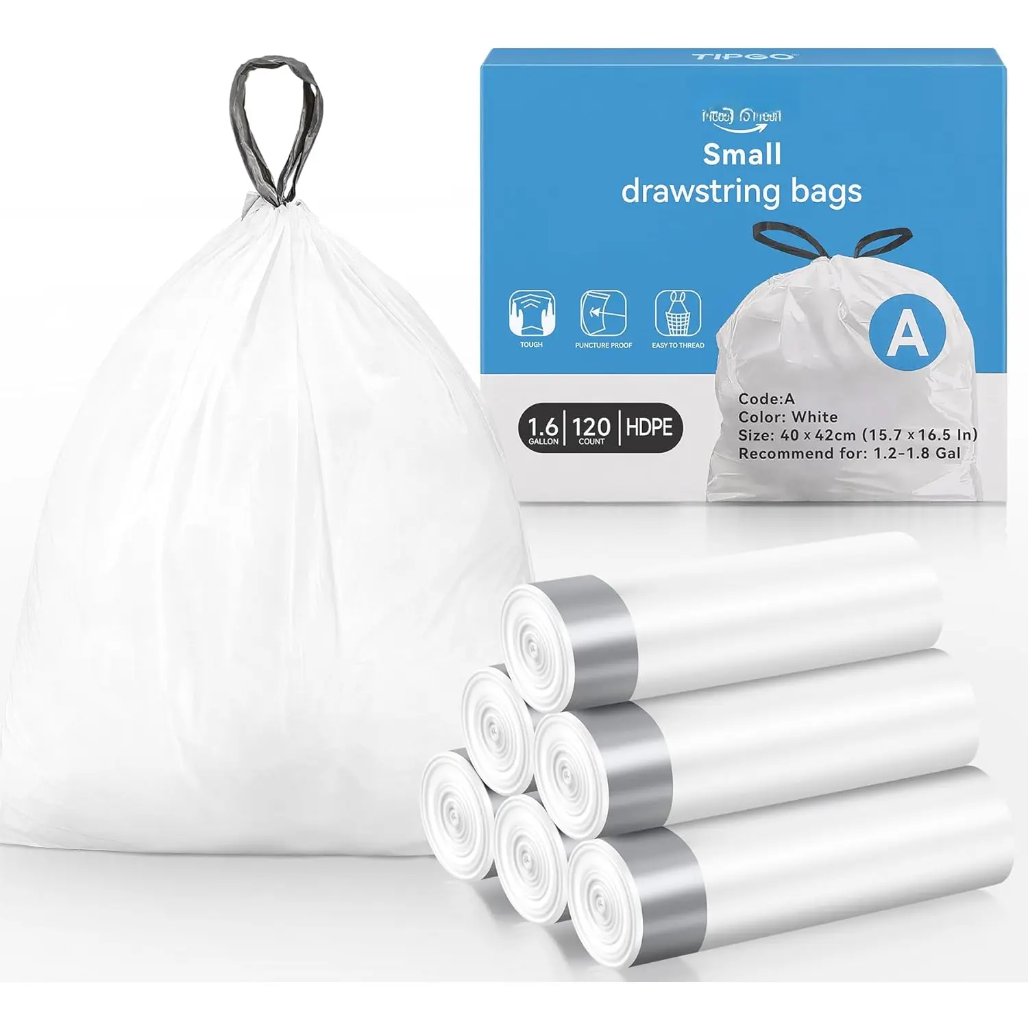Small Trash Bags Drawstring 1.6 Gallon, Pre-Cut Mini Garbage Bags for 1.2-1.8 Gallon Trash Bins, 120 Count (Code A)