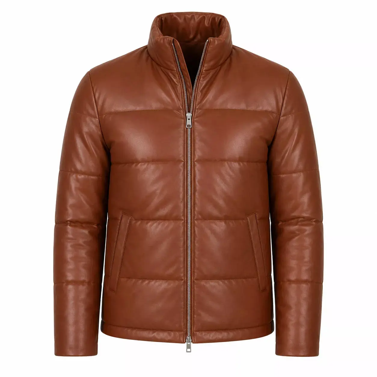 Men’s Cognac Brown Leather Puffer Jacket | Zip-Up Winter Jacket