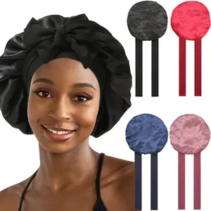 AWAYTR Ladies Nightcap for Sleeping Solid Color Double Layered Satin Sleep Caps Women Fashion Bonnet Elastic Hair Care Hats with Tie Band