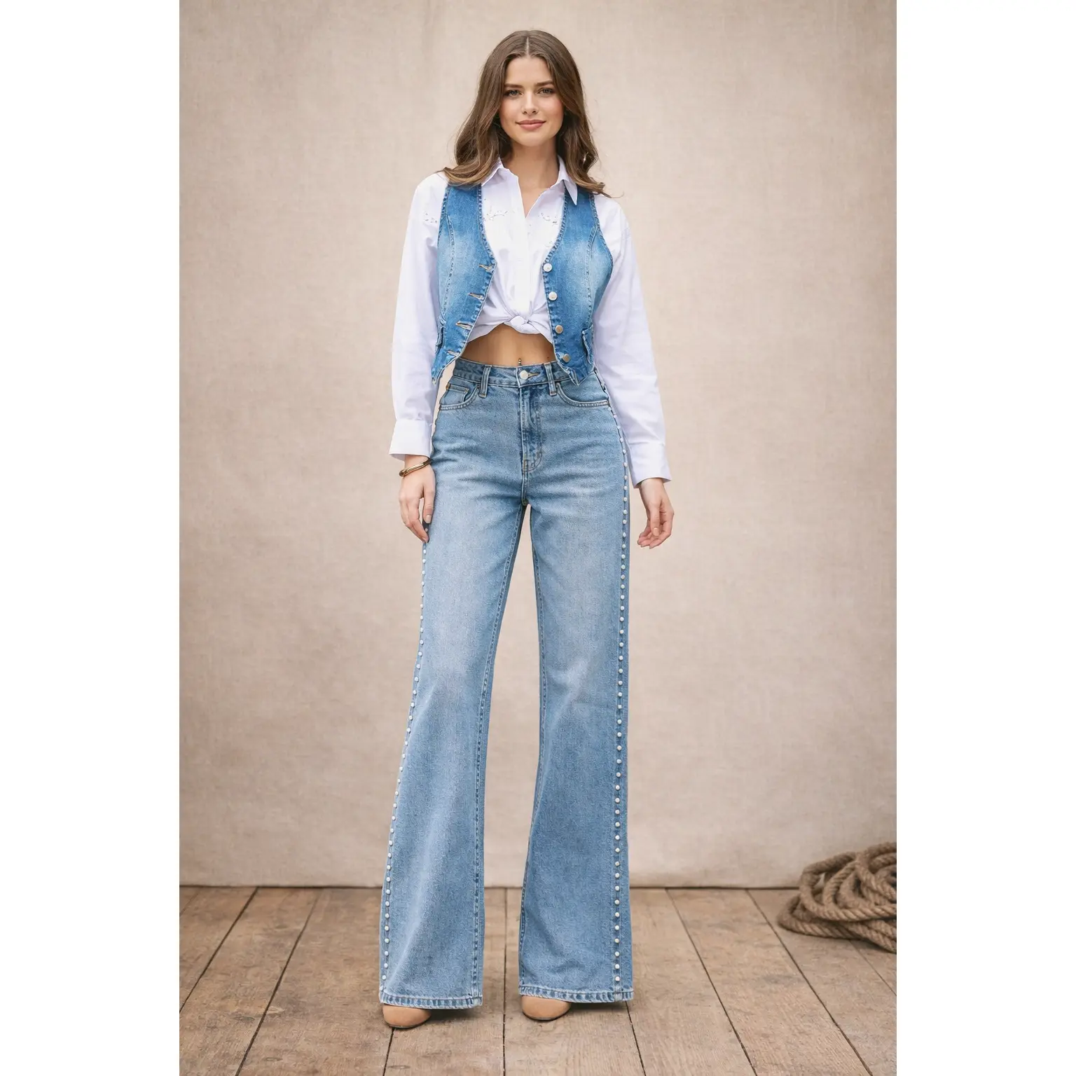 Women's Pearl Jeans, High Waist Wide-Leg Cotton Denim with a Flattering Fit for All Day Wear, Cold Wash, Pearls, Zipper Fly, Casual, Machine Washable, Pocket, Everyday, Bottom, Statement, Wide-Leg Pants, Easy To Dress Up With Heels