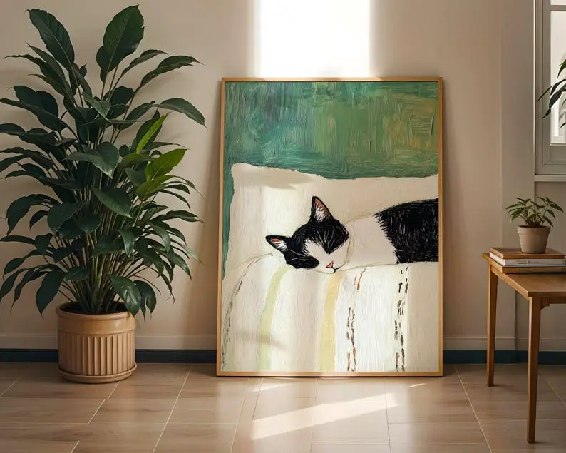 Sleeping Tuxedo Cat Print - Black and White Cat Artwork, Cat Painting, Cat Wall Art, Cat Poster, Cat Print, Sleeping Cat Art, Cat Lover Gift [Unframed]