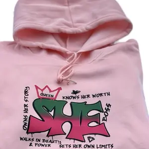 PATCHWORKZ Pink Soft Hoodie with Graphic Design, Features "OWNS HER STORY" & "KNOWS HER WORTH" Text, Ribbed Style, Comfortable Sweatshirt for Women - Womenswear, Tops, Pullover, Casual, Pocket, Sweatshirts