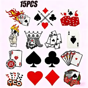 15pcs Poker Theme Iron-On Patches, Embroidered Playing Cards & Dice Stickers, Cool Spades, Hearts, Clubs, Diamonds, DIY Decor for Jackets, Jeans