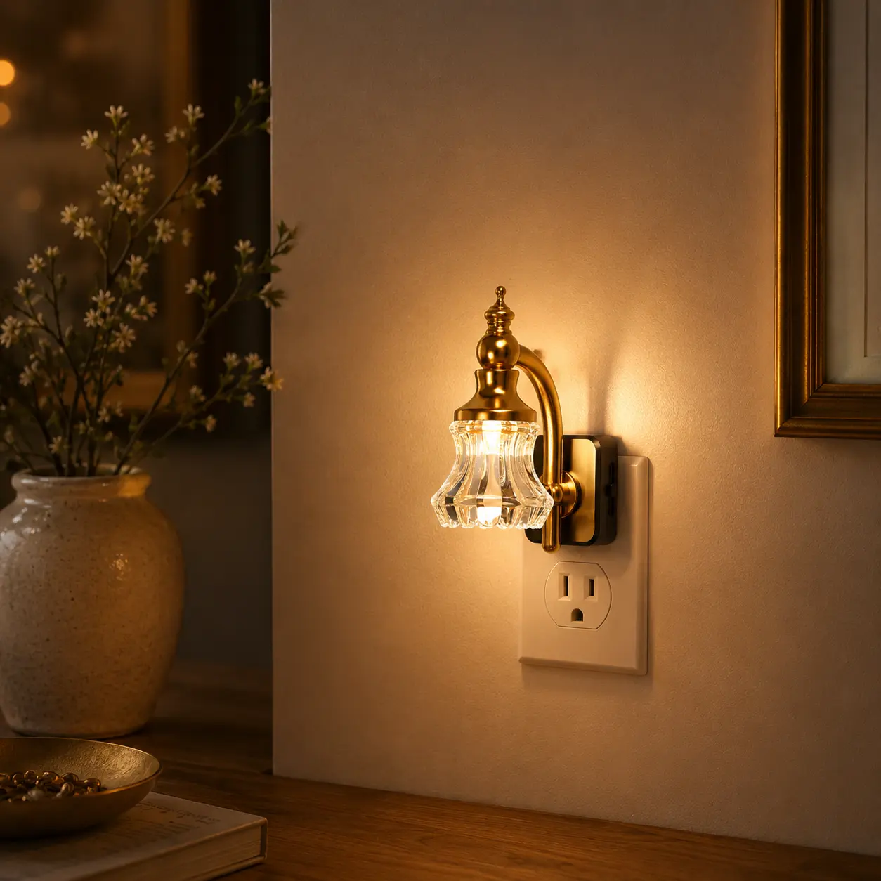 Jandcase Vintage Flower Night Light with Dusk to Dawn Sensor, 3000K Soft White LED Dimmable Wall Plug-in Nightlight, Retro Floral Crystal Glass Home Decor Gift, For Kitchen Hallway Bedroom