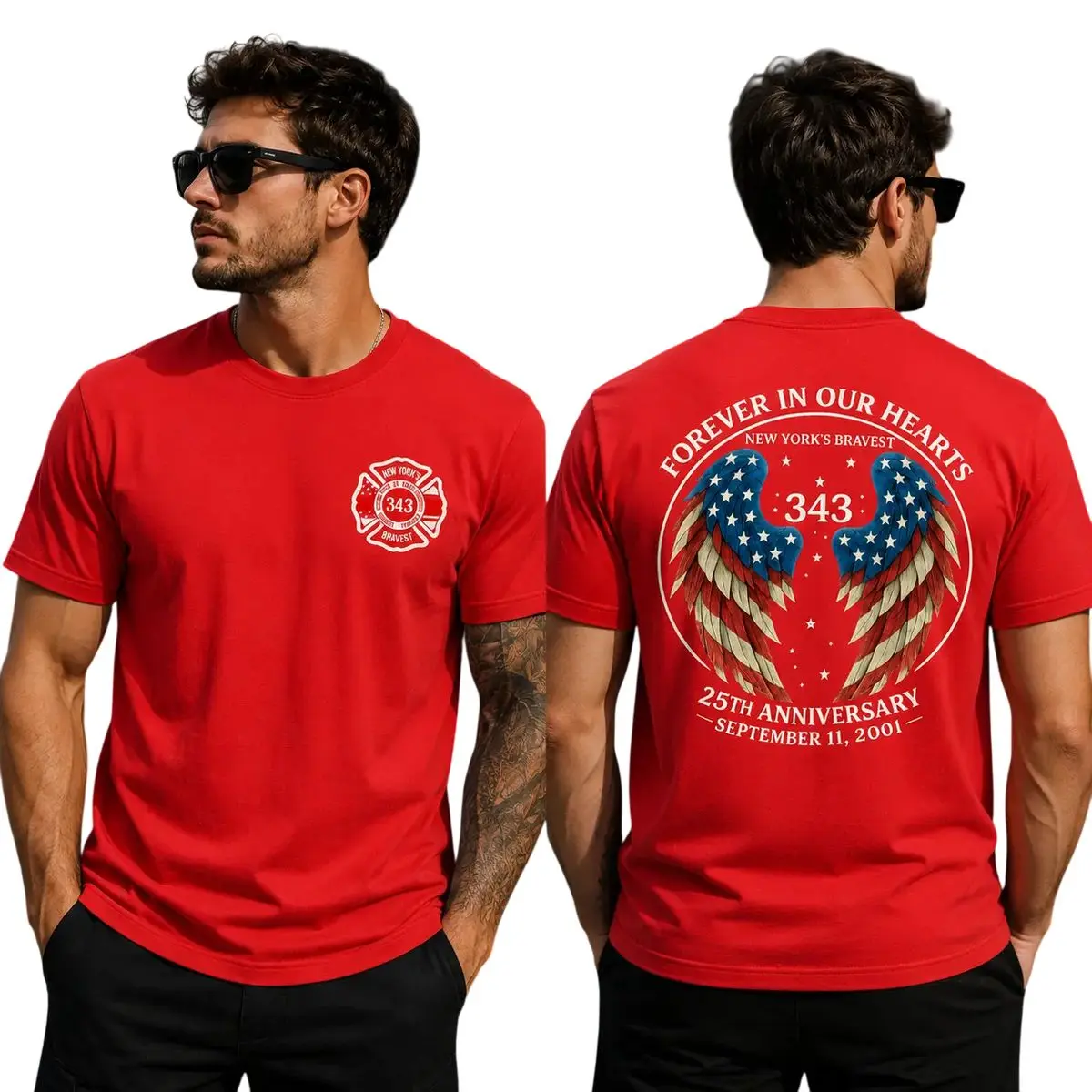 343 Fallen Firefighters 9/11 25th Anniversary Shirt, Forever In Our Hearts Angel Wings Memorial Tee, Unisex Short Sleeve Tee