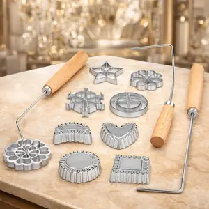 Rosette Maker with 8 Heads Bunuelos Mold with 2 Handle Waffle Cooking Stamp Cookie Press Mold for Kitchen Baking Funnel Cake Mould Star Flower Circle Heart Hexagon Square 10 Pieces