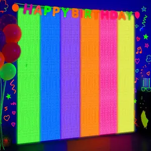 4 Pack Glow in The Dark Neon Party Supplies Decoration Wavy Foil Fringe Curtain 3.3x6.6FT Fluorescent Backdrop Tinsel Streamer for Easter Party UV Black Light Birthday Prop (Multicolor)
