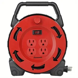 30ft Extension Cord Reel 13A 125V 16/3 SJTW 4 Outlets with Circuit Breaker LED Retractable Power Wheel Heavy Duty Cable