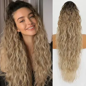 Claw Ponytail 30 Inch Long Wavy Ponytail Extension Ombre Brown Mix Blonde Curly Ponytail Clip in Hair Extensions for Women Fluffy Natural Looking Synthetic Hairpiece for Daily Christmas Use