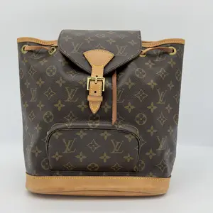 Pre-owned Louis Vuitton Monogram Canvas Drawstring Backpack with Front Pocket Vintage Brown Leather Trim Japan