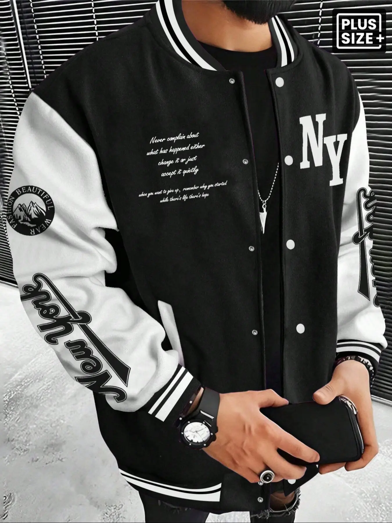 【Plus Size】Men's Fall Winter Plus Size Loose Loose Varsity Knit Baseball Jacket, Vintage NY Letter Color Block Print Long Sleeve Outerwear, Casual Coat For Commuting, Travel, Street Style, Men's Fall Outfits & Winter Outfits