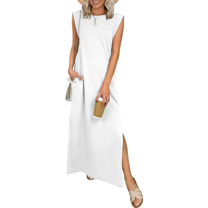Women's Casual Polyester Blend Maxi Dress, Sleeveless Crewneck with Side Split, Comfy Wrinkle-Free Beach Vacation Sundress, Casual Wear, Fit, Cap, Slit, Maxi Dress For Women, Side Slit, Anti Exposure
