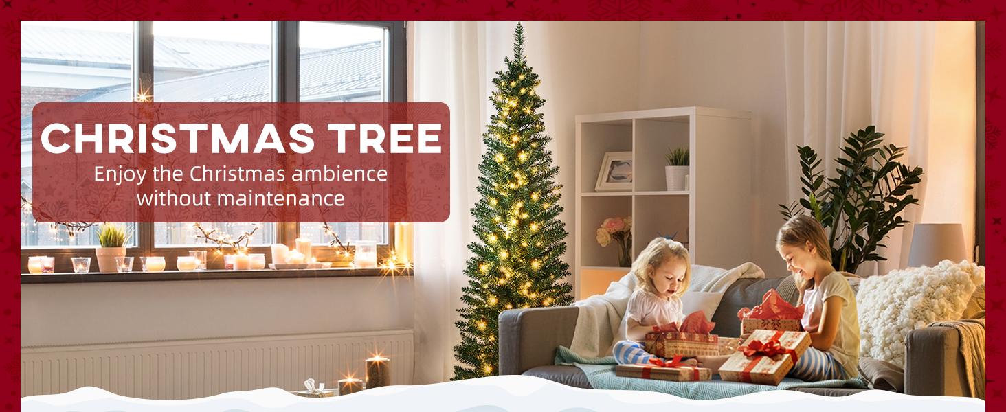 HOMCOM 6ft/7ft Pre-Lit Slim Noble Fir Artificial Christmas Tree with Warm White LED Lights, for Christmas Decoration