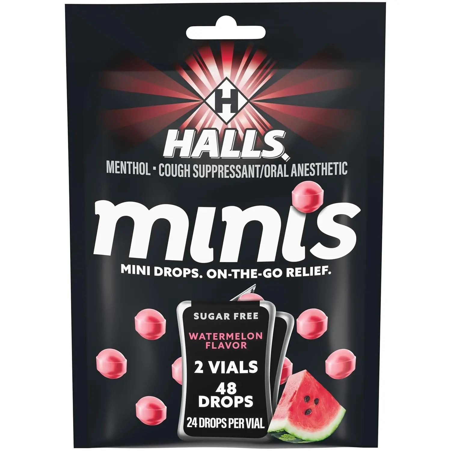 Halls Minis Watermelon Flavor Sugar Free Cough Drops, 48 Drops
