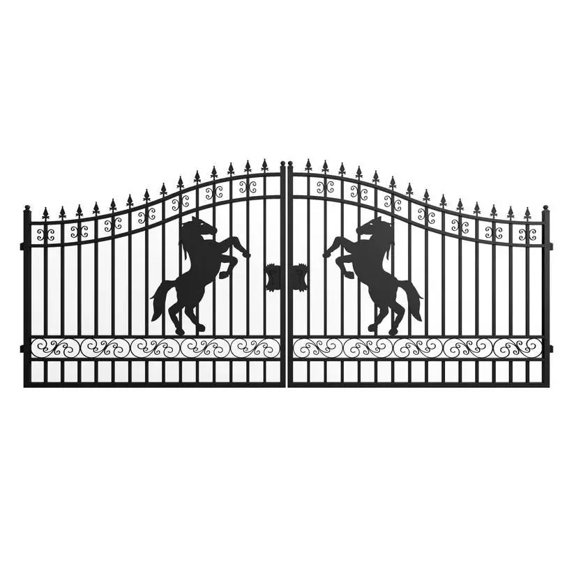 16FT Double Swing Steel Driveway Gate with Horse Pattern, 7FT Decorative Metal Entry Gate