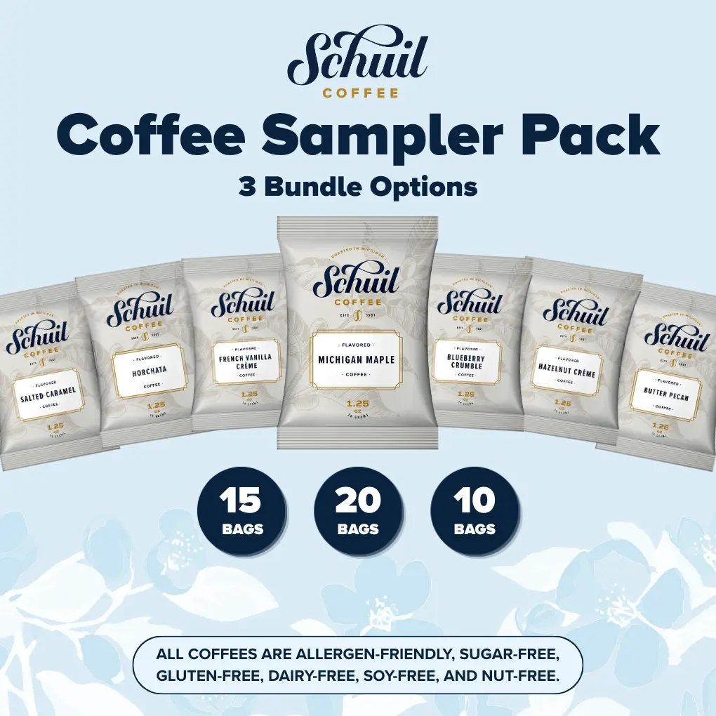 Schuil Coffee Co. Flavored Ground Variety Pack - Assorted 10,15,20-Count Sampler Bundle with Vanilla, Caramel, Hazelnut, Cherry Coffee Beverage