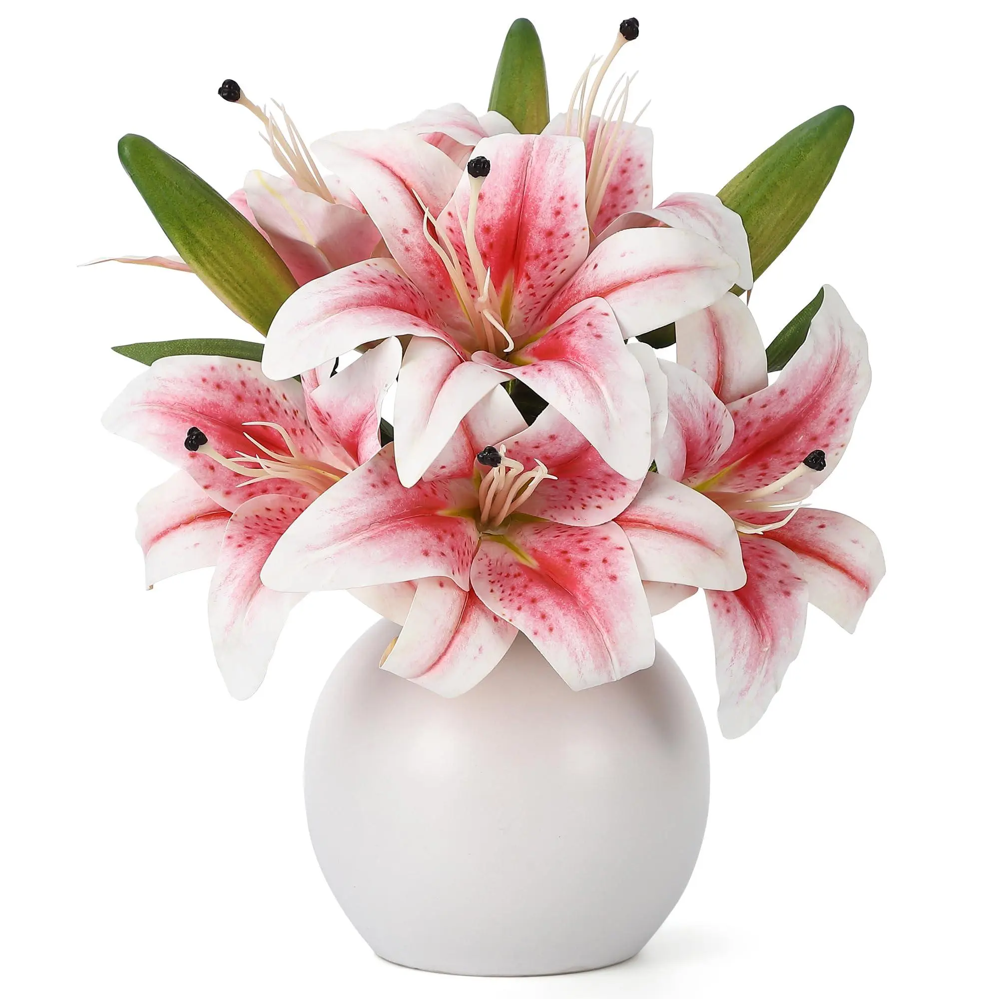 GAOMON 6-Piece Pink Artificial Lilium Flower Bouquet with Vase, Decorative Lifelike Floral Arrangement, Gift for Wedding Centerpiece, Indoor Room Home Office Table Decor