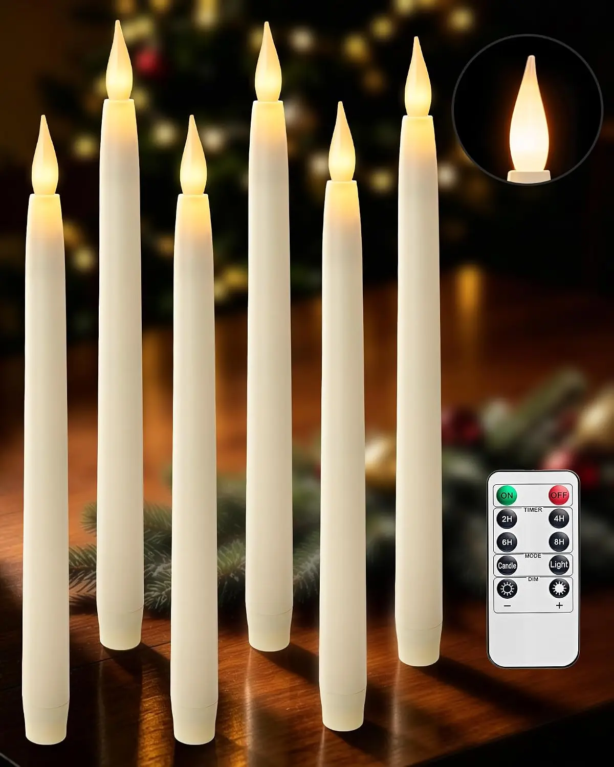 SURAIELEC Flameless Ivory Taper Candle with Remote, Timer, Dimmer, 6 Pack