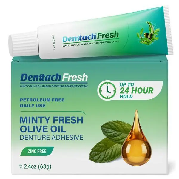 Denttach Fresh Olive OIl Based Denture Adhesive with a Strong Mint Flavor for Daily Use