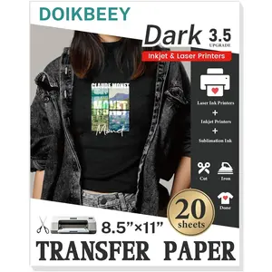 Heat Transfer Paper 20 Sheets 8.5" X 11" Iron On Transfer Paper for Dark T Shirts & Fabric Printable HTV Heat Transfer Vinyl for Inkjet Printer